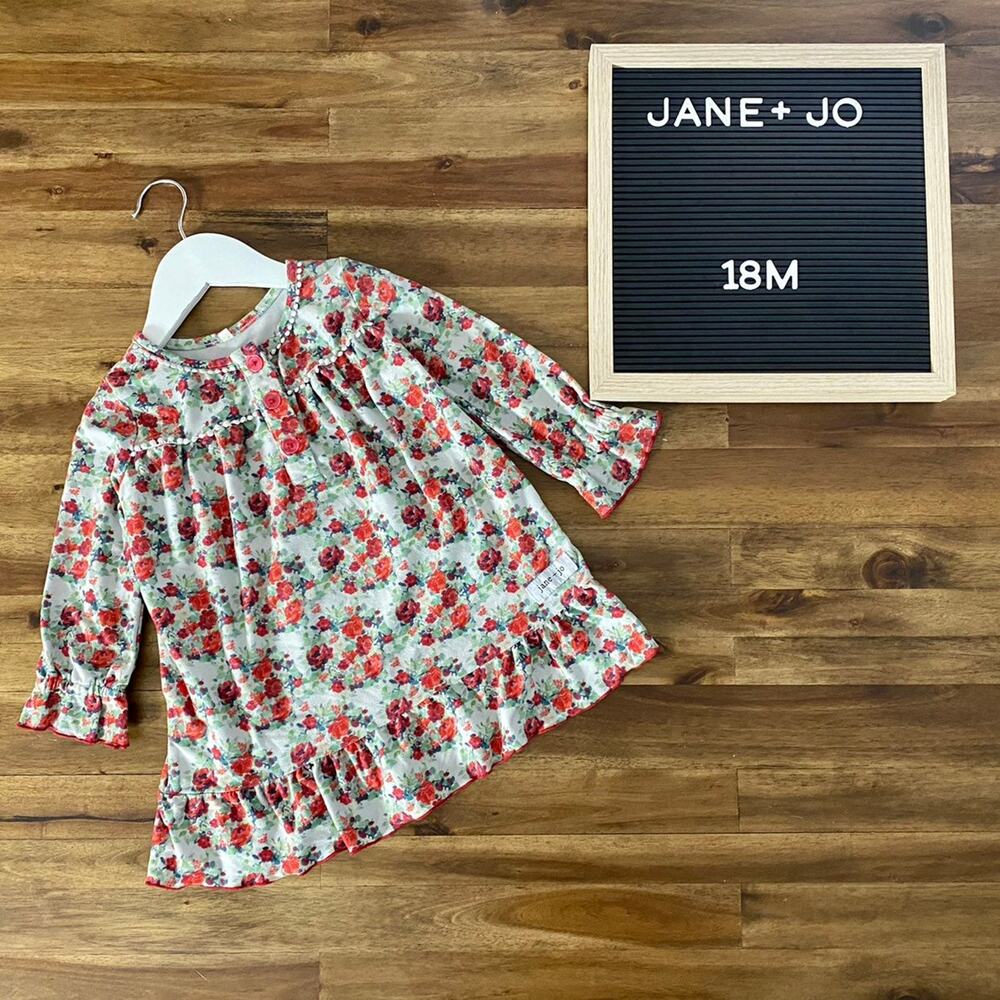 Jane + Jo Sugarplum Green Red Floral Long Sleeve Sweet Dreams Holiday Gown 18M